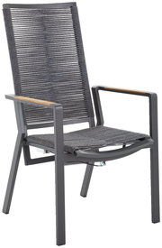 Moderner Relaxsessel mit grauem Metallrahmen und geflochtenem Sitz, seitliche Perspektive