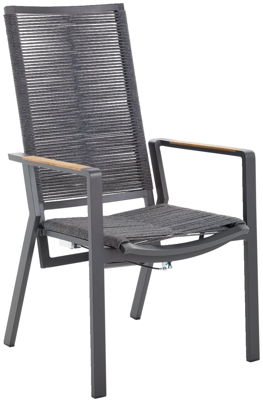 Moderner Relaxsessel mit grauem Metallrahmen und geflochtenem Sitz, seitliche Perspektive