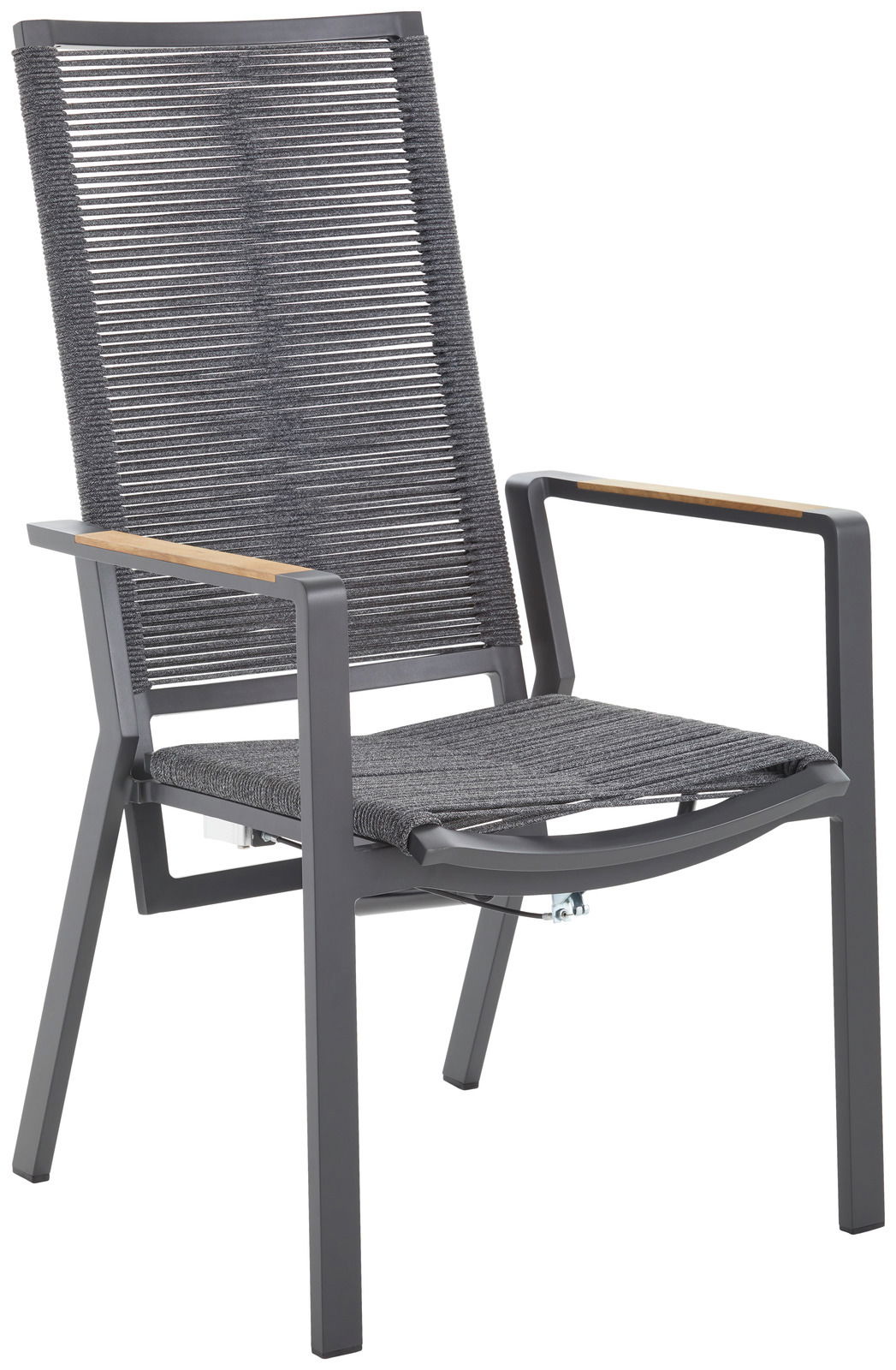 Moderner Relaxsessel mit grauem Metallrahmen und geflochtenem Sitz, seitliche Perspektive