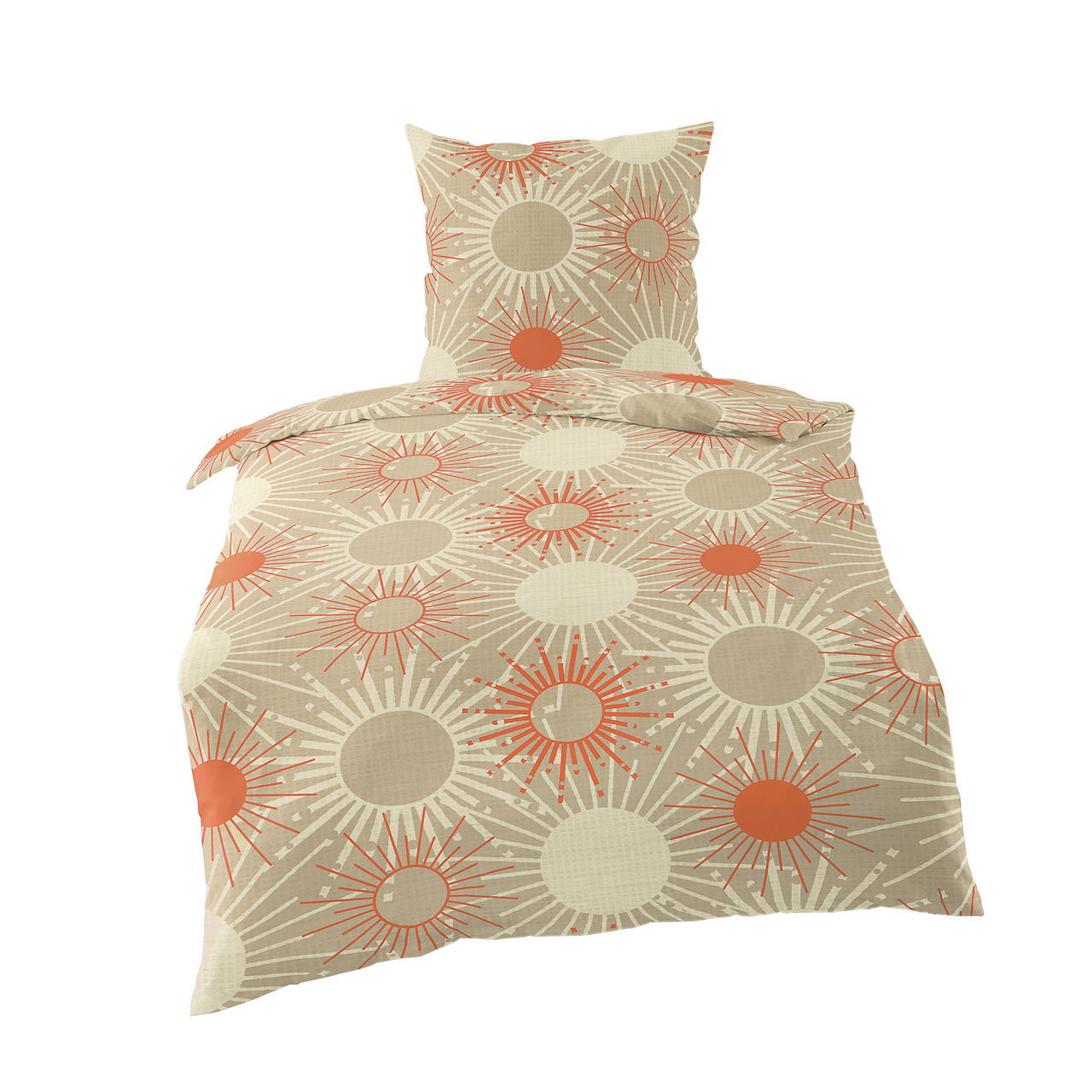 Bettwäsche-Set aus Mako-Satin in der Größe 155x200 cm mit einem modernen, geometrischen Muster in Beige und Orange, aus der Vogelperspektive fotografiert.