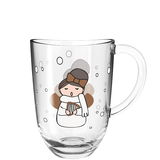Glasbecher mit Henkel, verziert mit einem niedlichen Engelmotiv und Blasen, seitliche Perspektive