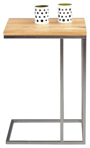 Moderner Beistelltisch mit Holzplatte und Metallgestell, seitliche Perspektive, mit zwei Tassen darauf.