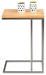 Moderner Beistelltisch mit Holzplatte und Metallgestell, seitliche Perspektive, mit zwei Tassen darauf.