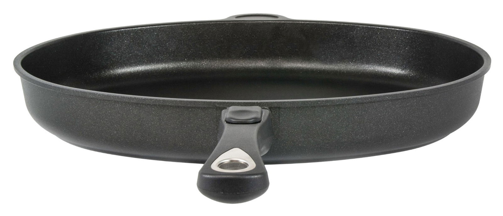Schwarze Fischpfanne, oval, 41 x 27 cm, mit Griff, seitliche Perspektive