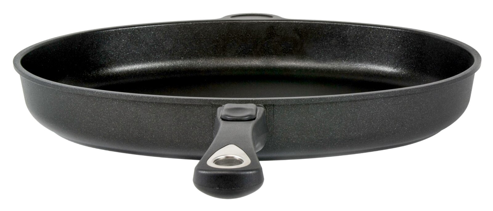 Schwarze Fischpfanne, oval, 41 x 27 cm, mit Griff, seitliche Perspektive