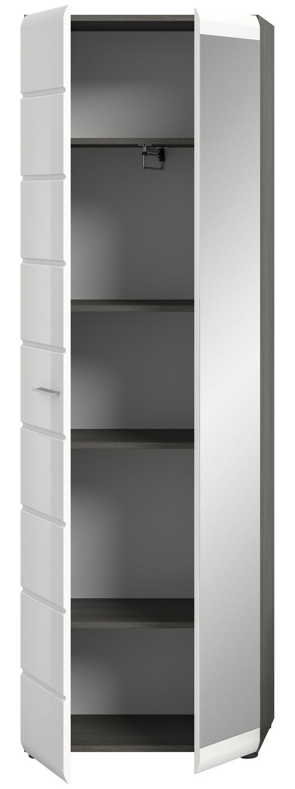 Moderner Garderobenschrank mit offener Tür, zeigt Innenregale und Kleiderstange, Perspektive von vorne.