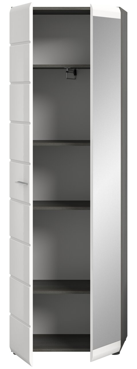 Moderner Garderobenschrank mit offener Tür, zeigt Innenregale und Kleiderstange, Perspektive von vorne.