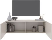 Frontale Ansicht eines TV-Hängelowboards mit offenen Türen, dekoriert mit Büchern, Vasen und Dekorationsobjekten.