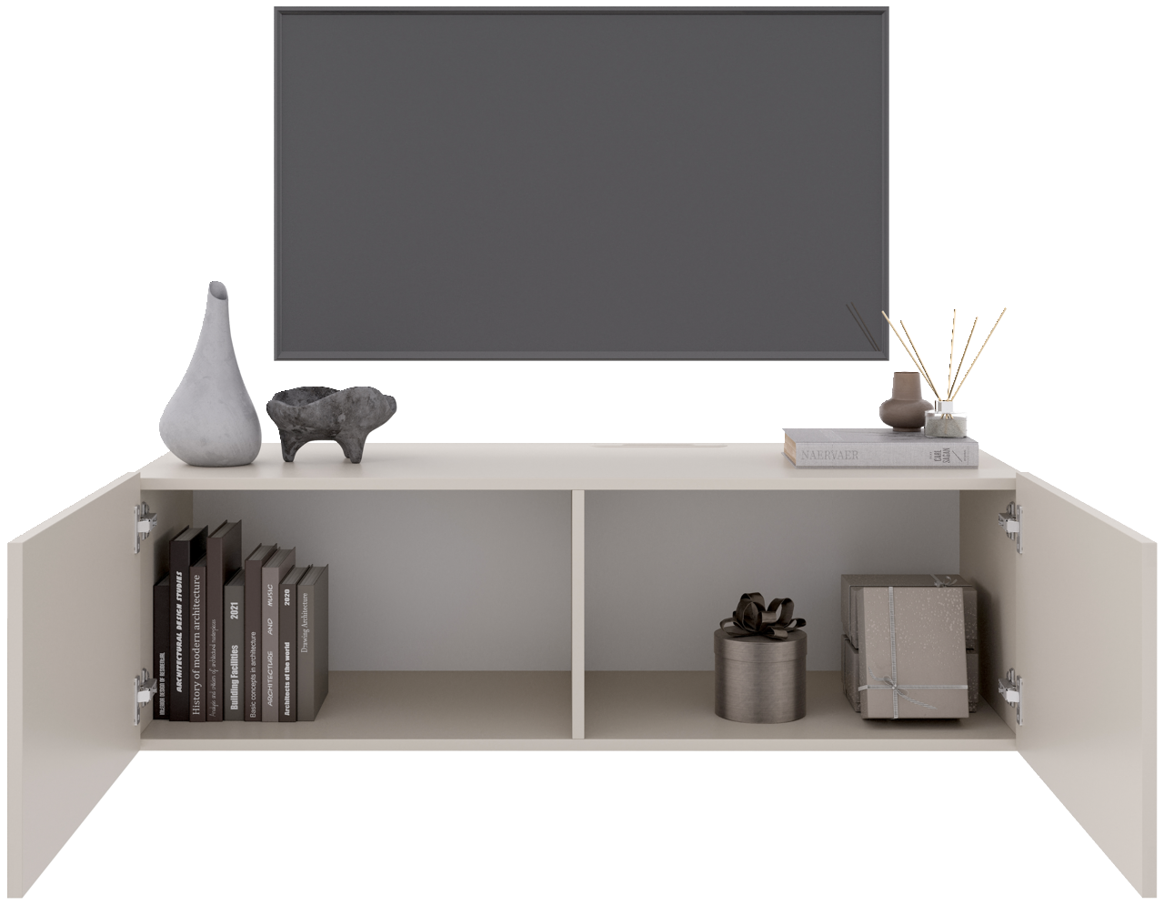 Frontale Ansicht eines TV-Hängelowboards mit offenen Türen, dekoriert mit Büchern, Vasen und Dekorationsobjekten.