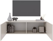 Frontale Ansicht eines TV-Hängelowboards mit offenen Türen, dekoriert mit Büchern, Vasen und Dekorationsobjekten.