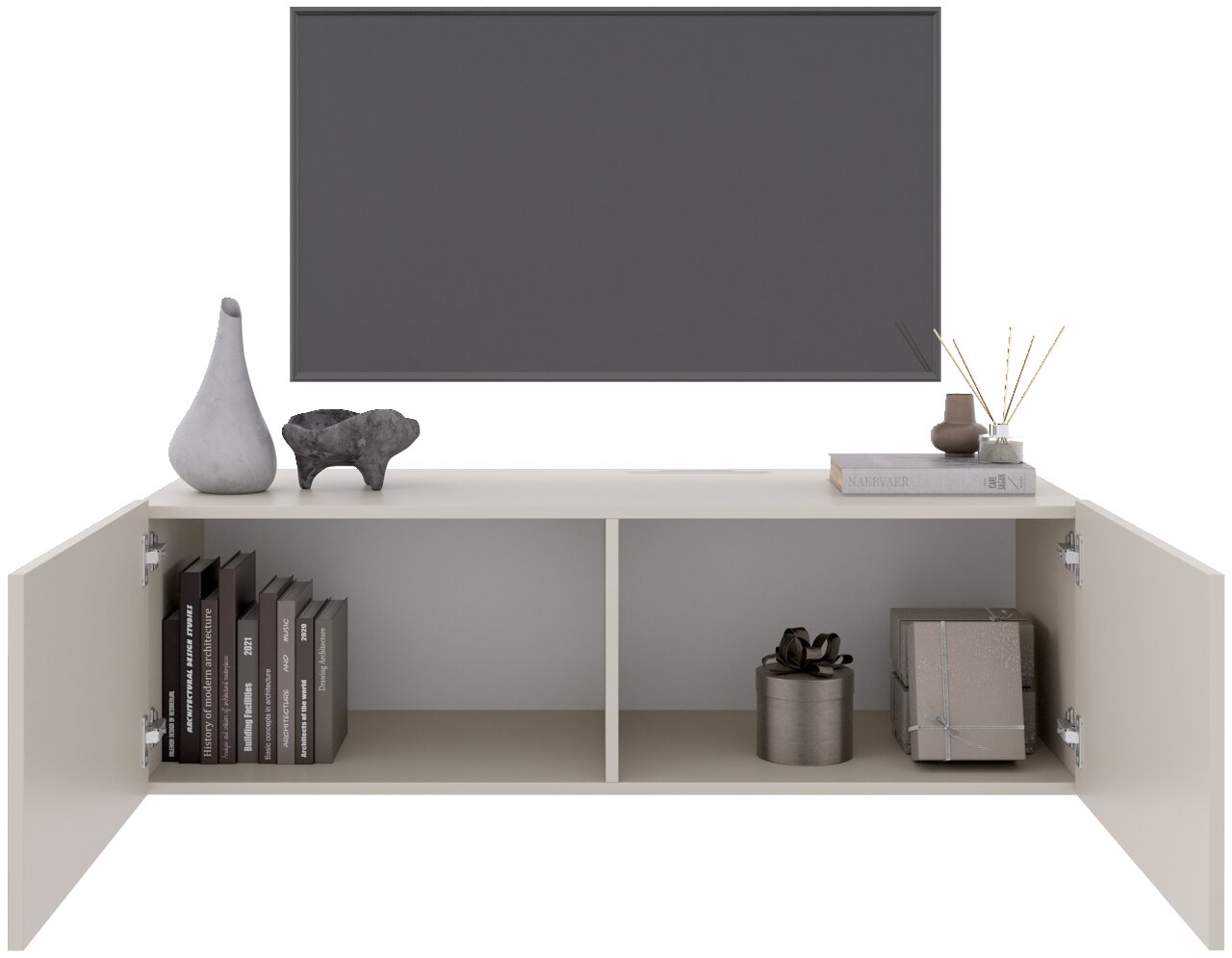 Vooraanzicht van een hangend tv-meubel met open deuren, versierd met boeken, vazen en decoratieve voorwerpen.