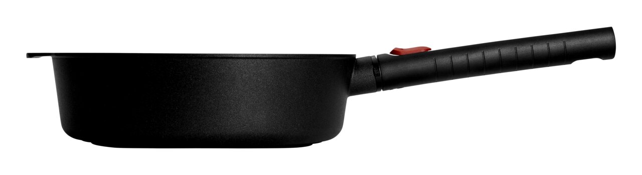 Gusseiserne Hochrandpfanne 24cm Eco L, Seitenansicht mit langem Griff
