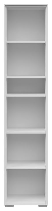 Frontale Ansicht eines schmalen, weißen Aktenregals mit fünf offenen Fächern.