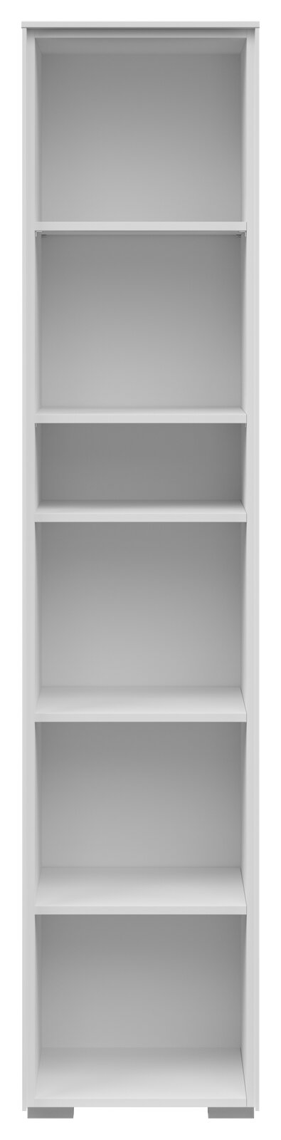 Frontale Ansicht eines schmalen, weißen Aktenregals mit fünf offenen Fächern.