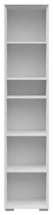 Frontale Ansicht eines schmalen, weißen Aktenregals mit fünf offenen Fächern.