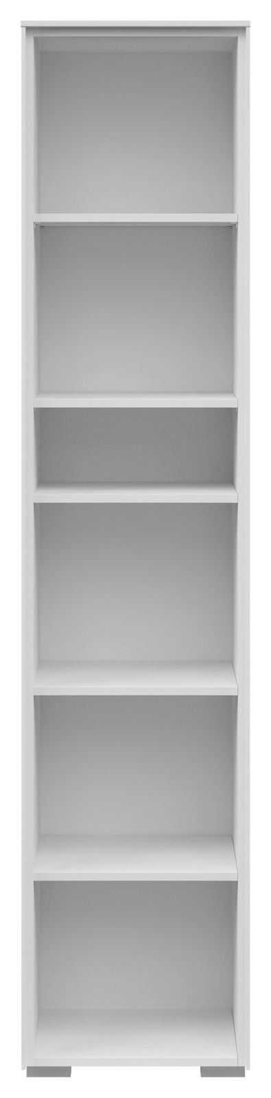 Frontale Ansicht eines schmalen, weißen Aktenregals mit fünf offenen Fächern.