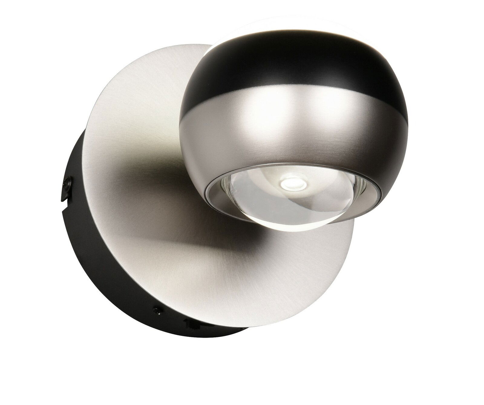 Moderne Wandleuchte ORBIT in gebürstetem Metall mit kugelförmigem Design, seitliche Perspektive