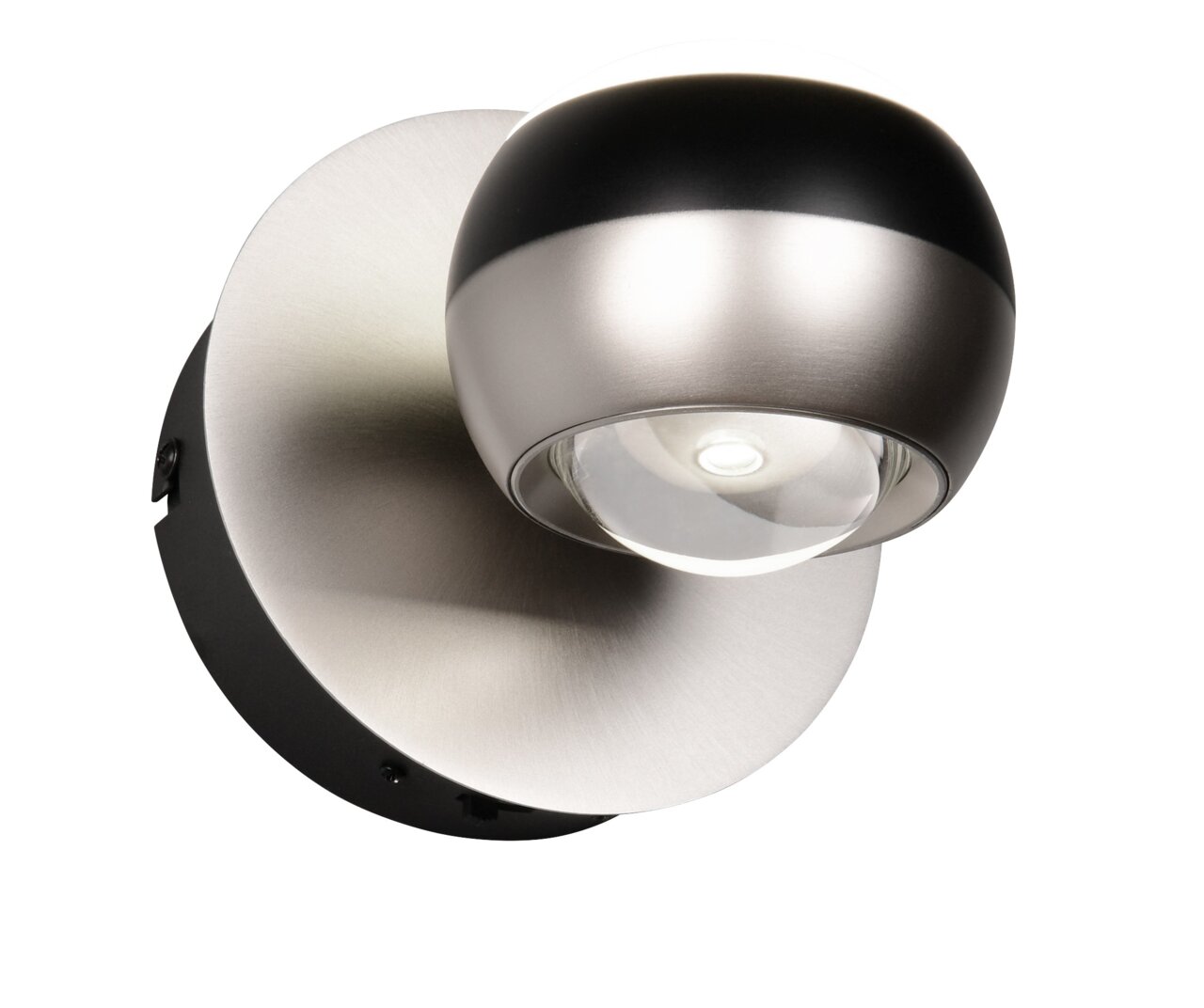 Moderne wandlamp ORBIT van geborsteld metaal met een bolvormig ontwerp, zijaanzicht