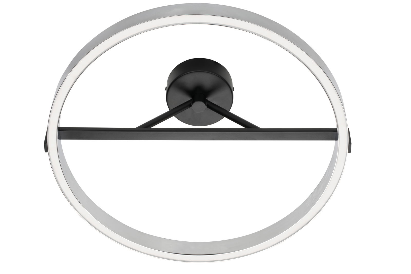 Moderne LED-Deckenleuchte in runder Form, von unten betrachtet, mit schwarzem Gehäuse und silbernem Rand.