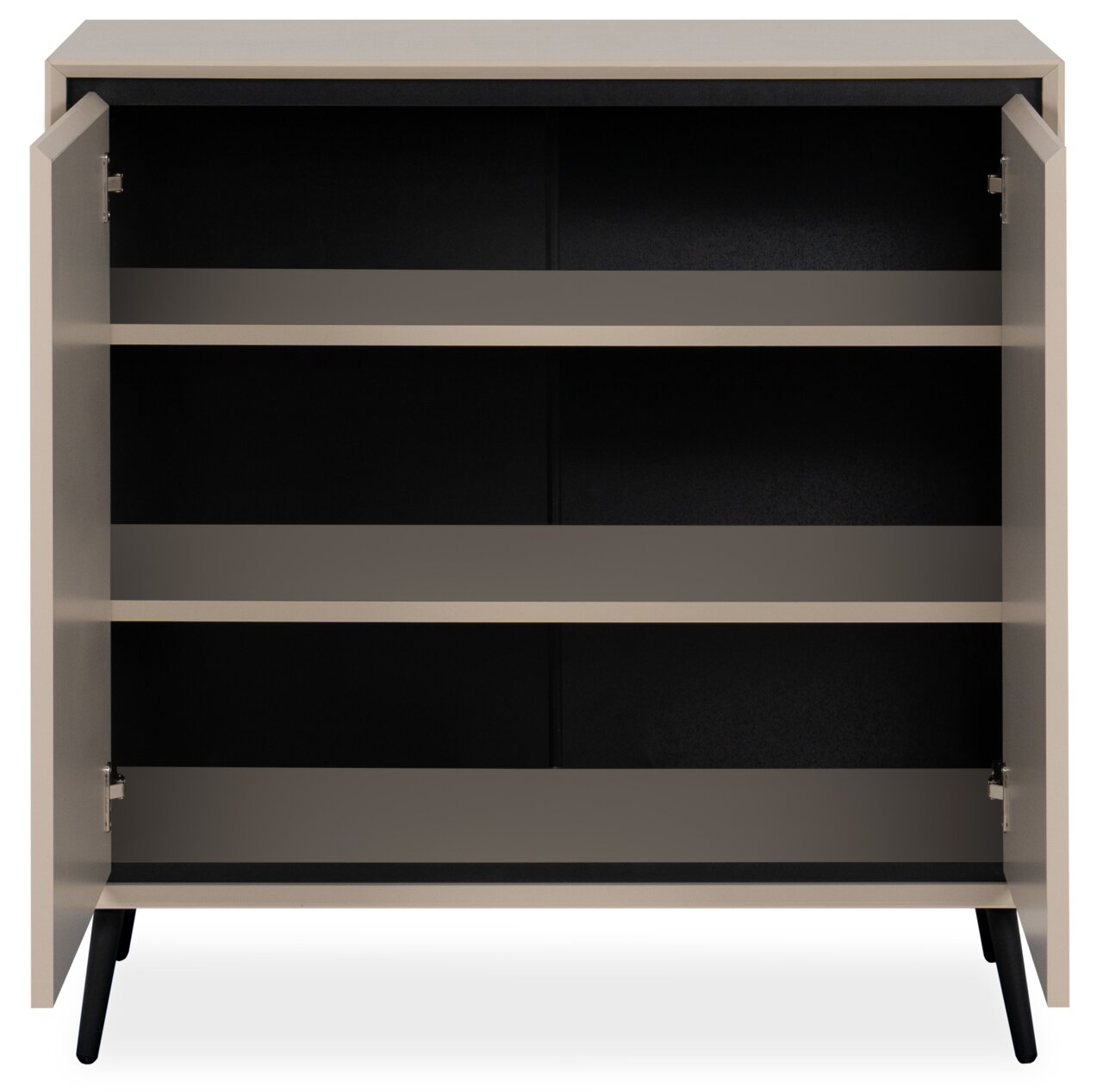 Frontale Ansicht eines offenen Sideboards mit zwei Türen und drei Regalböden, modernes Design in neutralen Farben.
