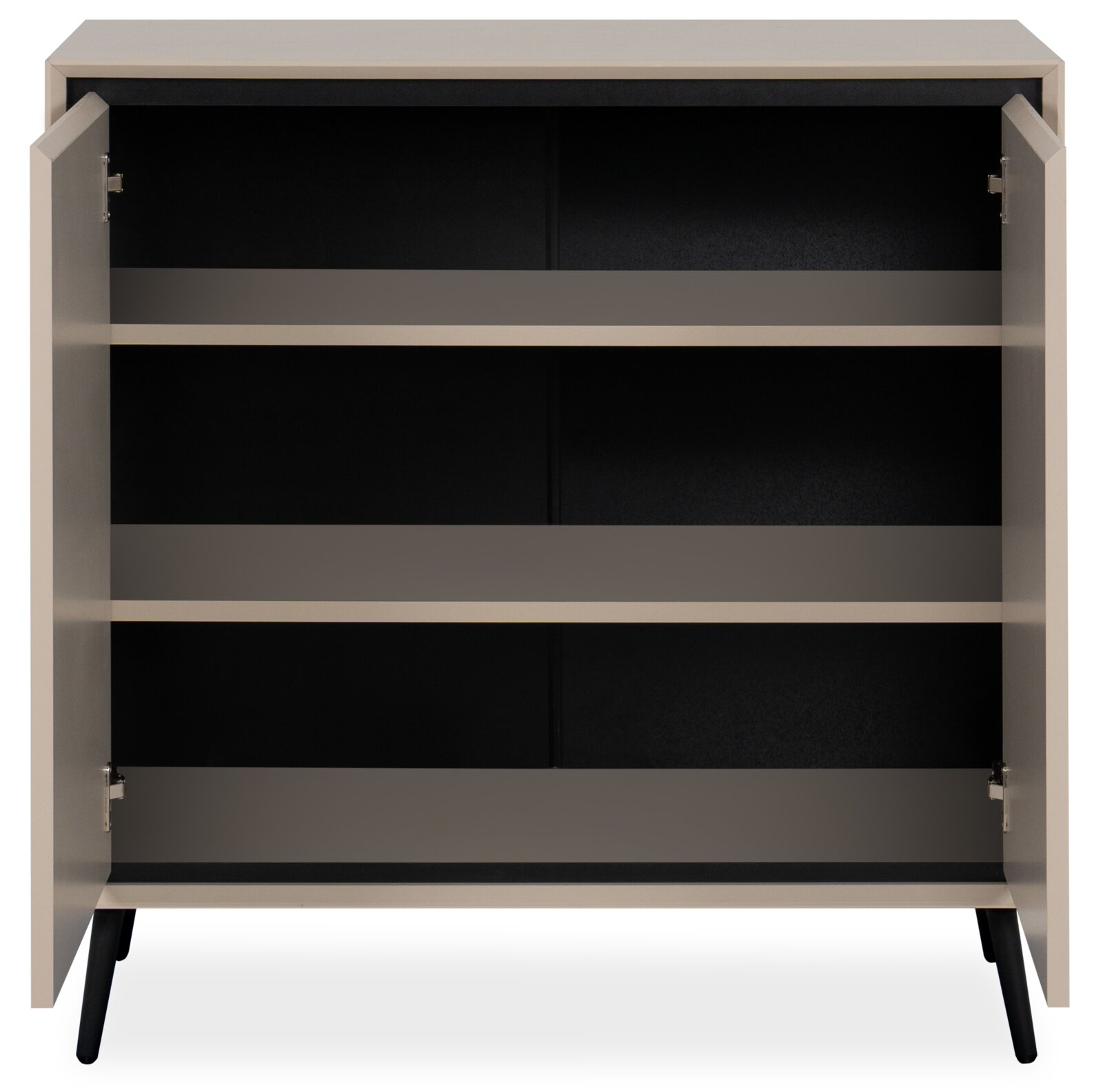 Frontale Ansicht eines offenen Sideboards mit zwei Türen und drei Regalböden, modernes Design in neutralen Farben.