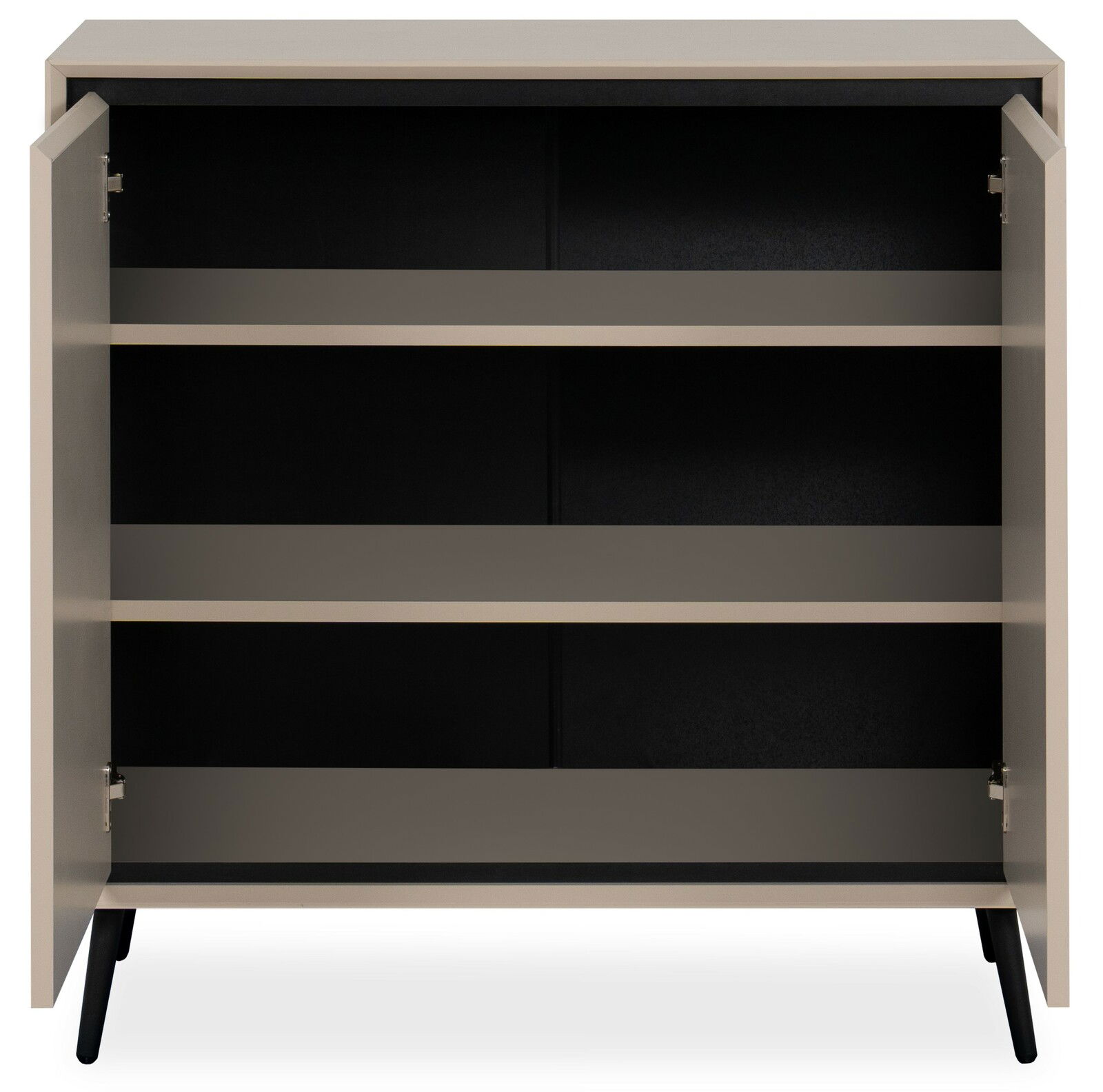 Frontale Ansicht eines offenen Sideboards mit zwei Türen und drei Regalböden, modernes Design in neutralen Farben.