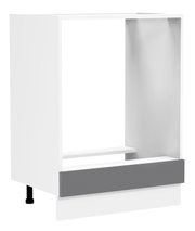 Weißer Badezimmerschrank/Waschtischunterschrank mit offenem Regalfach und grauer Schubladenfront, Produktansicht schräg von vorne