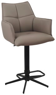 Barstuhl MIAMI in seitlicher Perspektive mit gepolstertem Sitz und Rückenlehne, schwarzem Metallgestell und Fußstütze.