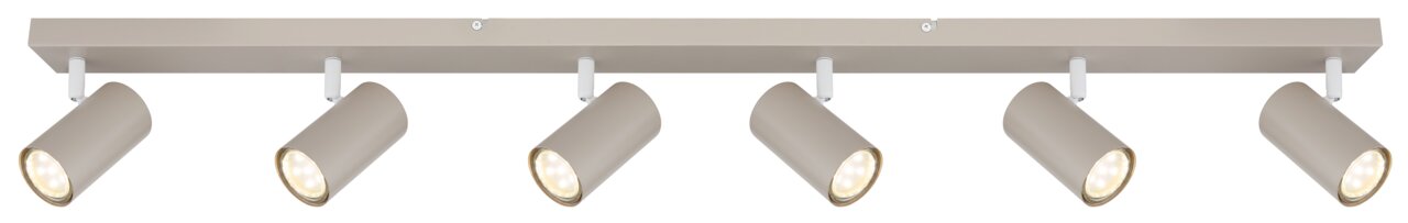Sechsflammiger Deckenstrahler in moderner, minimalistischer Ausführung, seitliche Perspektive