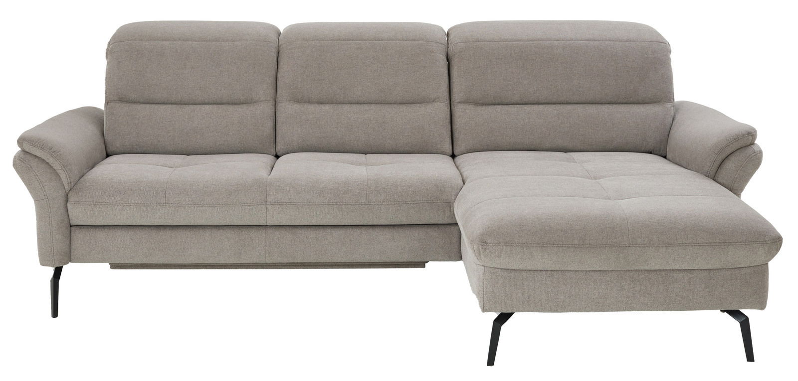 Graues Longchair-Sofa mit drei Sitzplätzen und rechter Armlehne, Vorderansicht