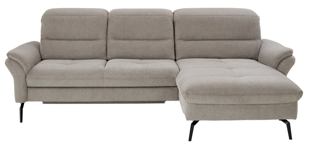 Graues Longchair-Sofa mit drei Sitzplätzen und rechter Armlehne, Vorderansicht