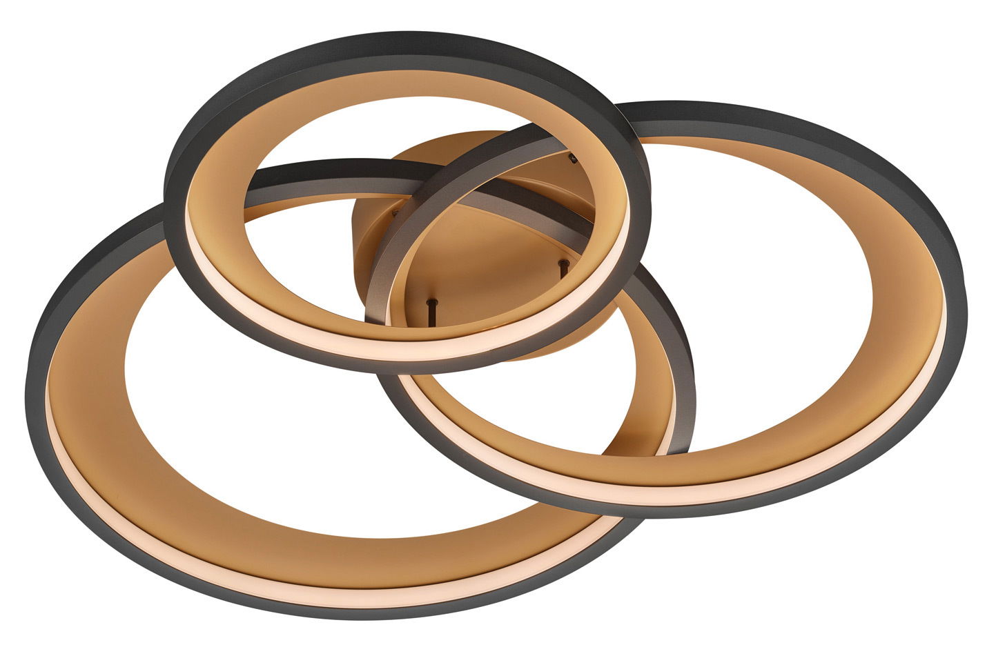 Moderne LED-Deckenleuchte Trio Leuchten GRANADA mit drei ineinander verschlungenen Ringen, Ansicht von unten.