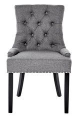 Grauer Polsterstuhl mit Knopfheftung und schwarzen Beinen, Frontalansicht