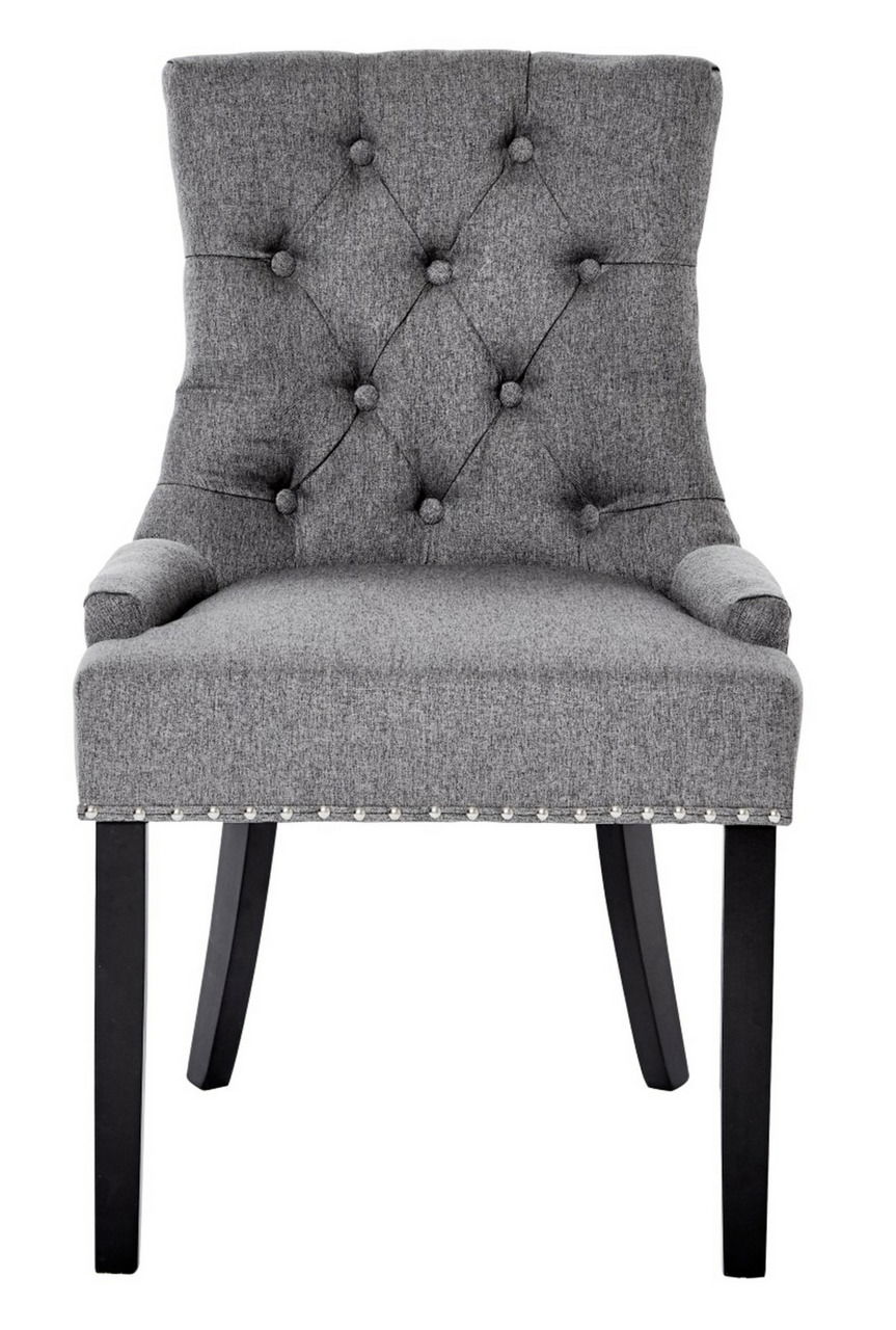Grauer Polsterstuhl mit Knopfheftung und schwarzen Beinen, Frontalansicht