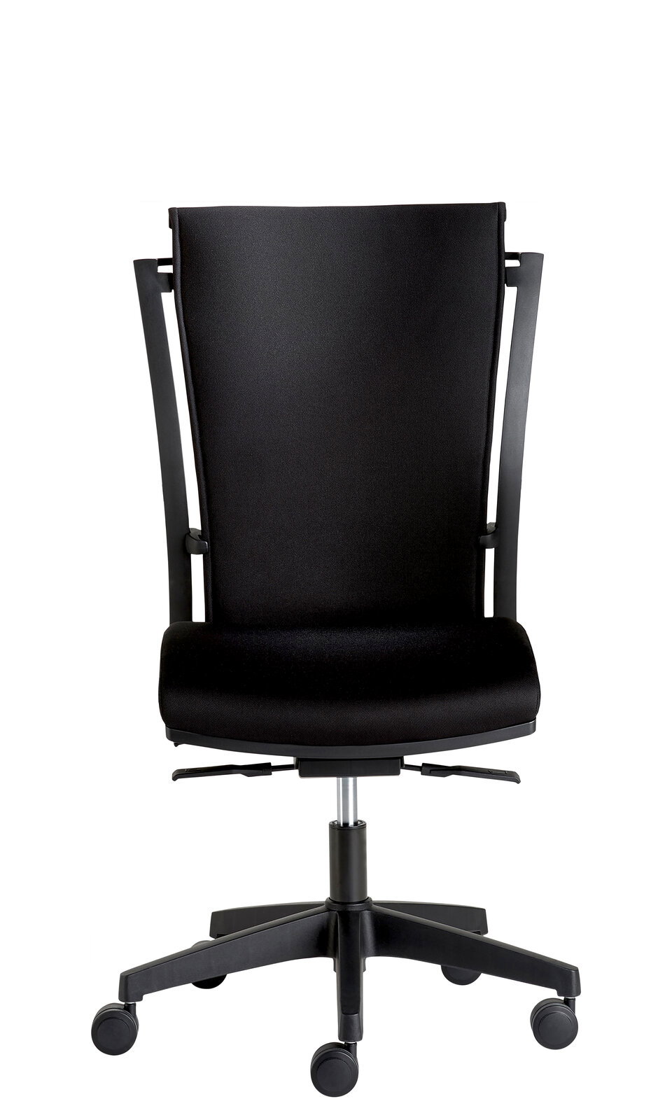 Schwarzer Drehstuhl mit hoher Rückenlehne, von vorne gesehen