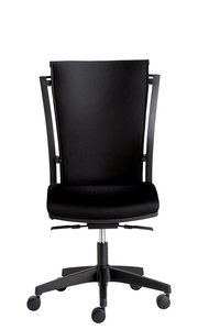 Schwarzer Drehstuhl mit hoher Rückenlehne, von vorne gesehen