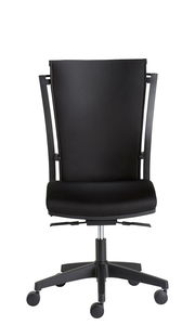 Schwarzer Drehstuhl mit hoher Rückenlehne, von vorne gesehen