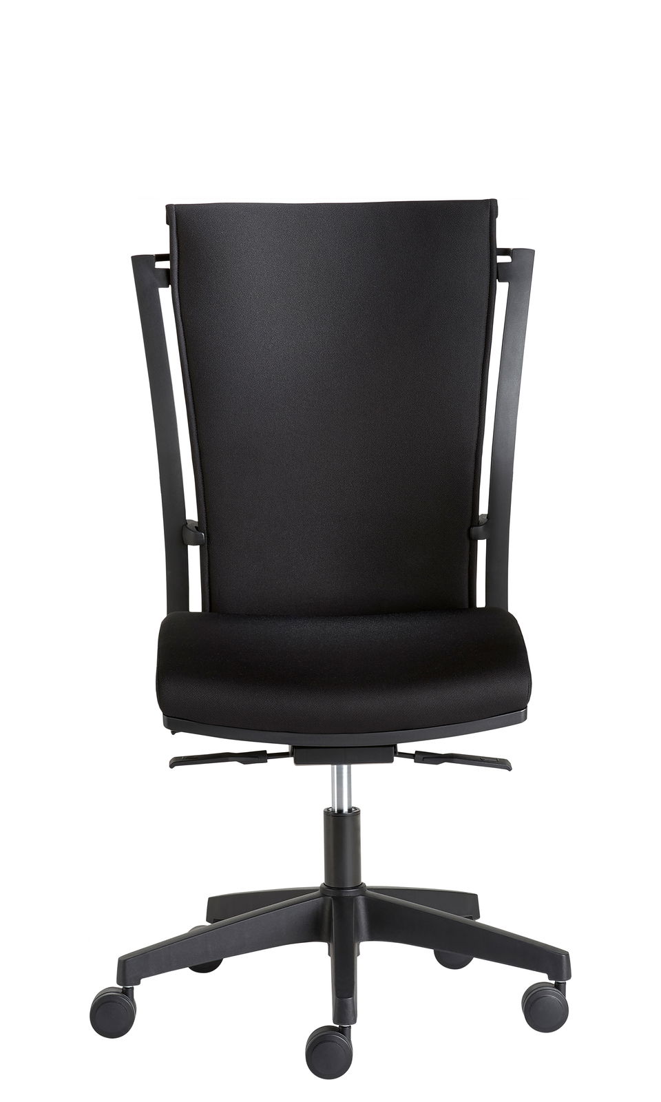 Schwarzer Drehstuhl mit hoher Rückenlehne, von vorne gesehen