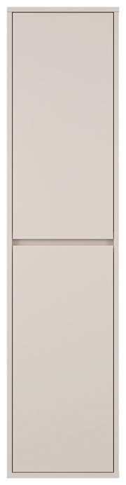 Schmaler, hoher weißer Schrank mit zwei glatten Fronten, frontale Ansicht.
