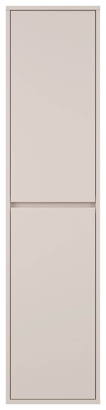 Schmaler, hoher weißer Schrank mit zwei glatten Fronten, frontale Ansicht.