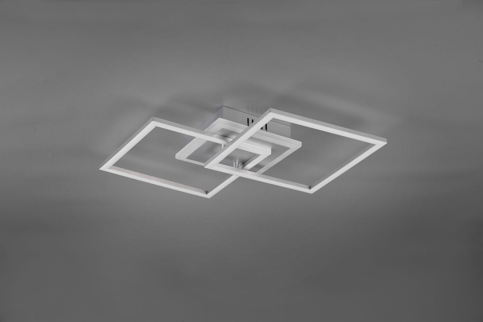 Moderne LED-Deckenleuchte mit zwei überlappenden quadratischen Rahmen, seitliche Perspektive