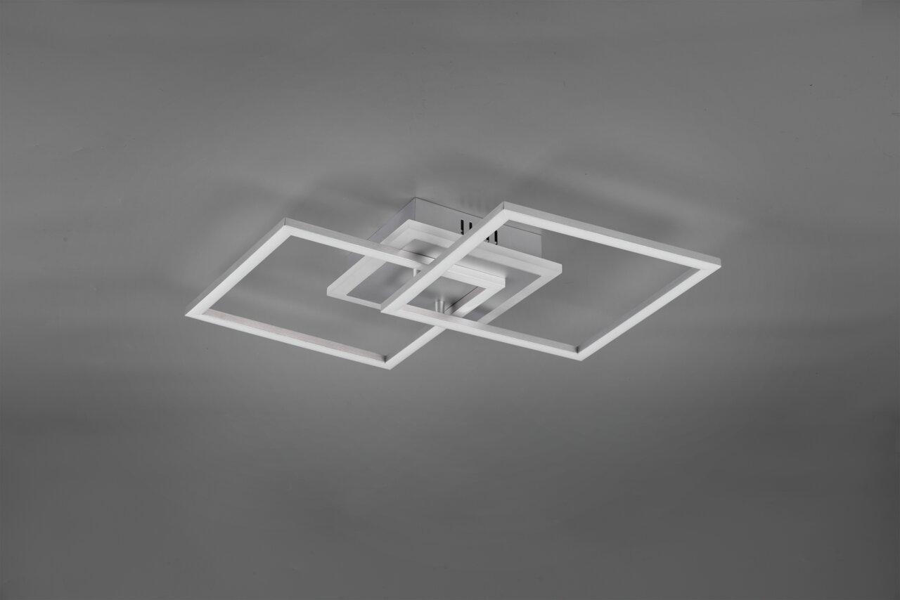 Moderne LED-Deckenleuchte mit zwei überlappenden quadratischen Rahmen, seitliche Perspektive