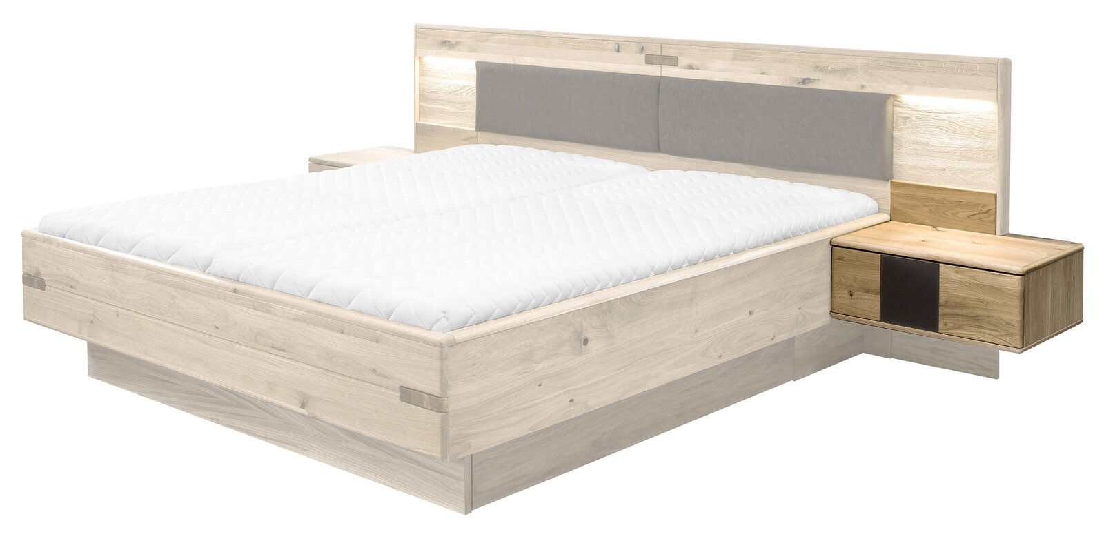 Nachtkonsole rechts in Holzoptik, perspektivisch von vorne rechts gesehen, neben einem Bett mit gepolstertem Kopfteil.