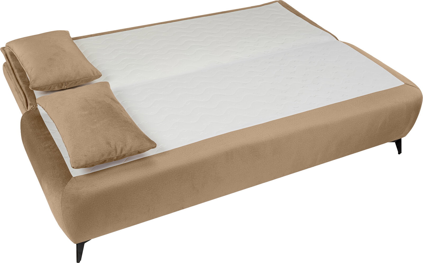 Beiges Polsterbett mit weißer Matratze und zwei beigen Kissen, schräg von oben in 3/4-Perspektive auf weißem Hintergrund