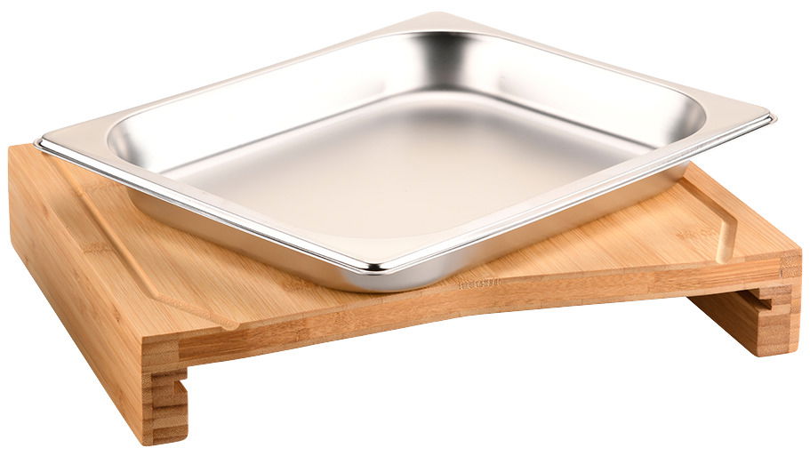 Schneidebrett mit Auffangschale aus Holz und Edelstahl, seitliche Perspektive