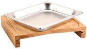 Schneidebrett mit Auffangschale aus Holz und Edelstahl, seitliche Perspektive