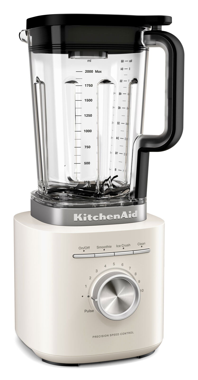 KitchenAid Standmixer in Creme mit transparentem 2,0-l-Mixbehälter, schwarzem Deckel und seitlichem Griff, Frontansicht leicht von rechts mit Drehregler und Programmtasten