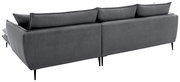 Dunkelgraues, modernes Sofa mit Stoffbezug, hohen Rückenkissen und schlanken schwarzen Metallfüßen, freigestellt auf weißem Hintergrund, Ansicht schräg von hinten links.