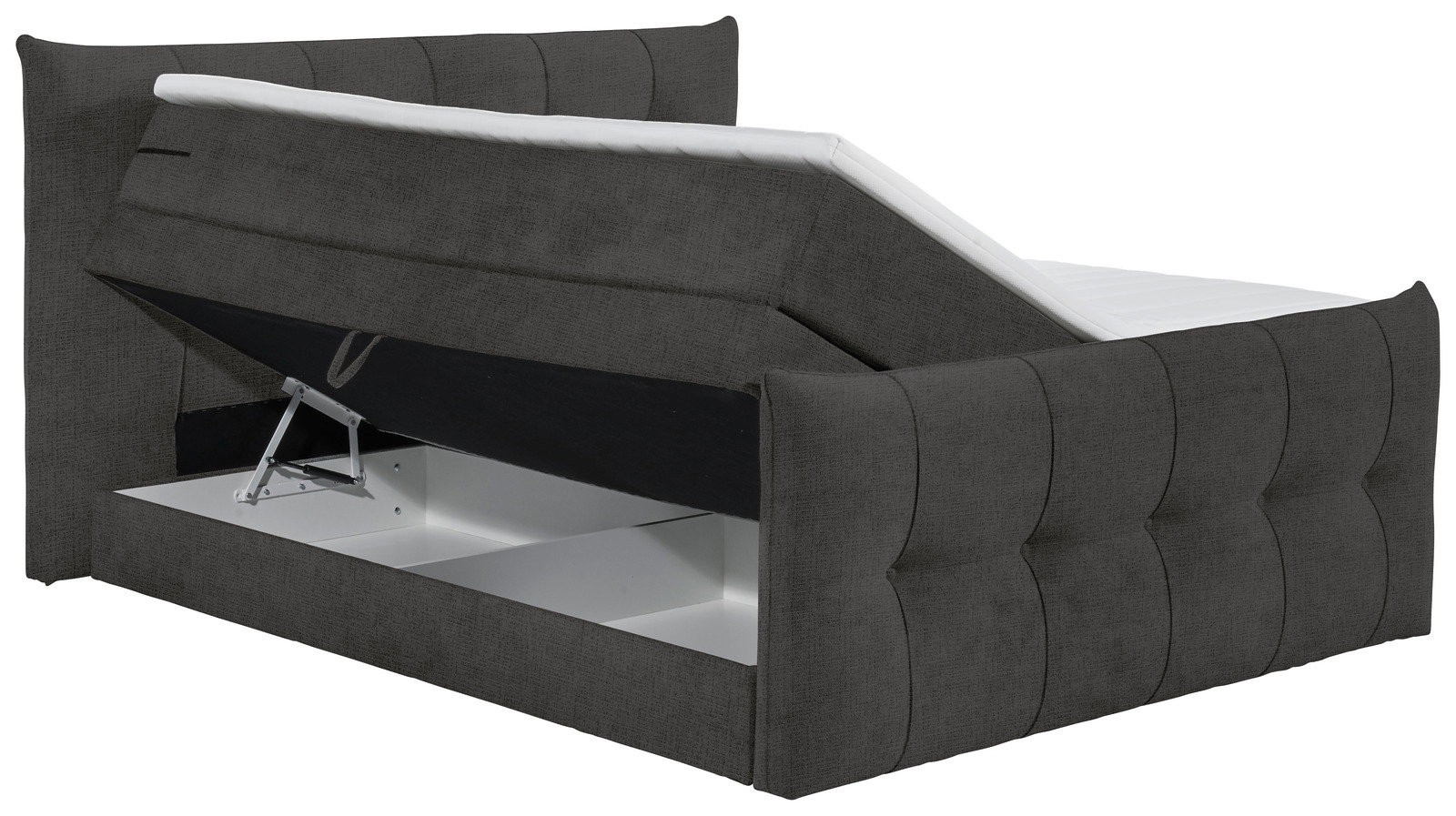 Boxspringbett mit geöffnetem Stauraum, seitliche Perspektive