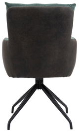 Rückansicht eines Sessels mit schwarzem Metallgestell und dunkelbrauner Polsterung.